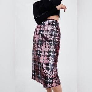 NWOT Zara Sequin Tartan Midi Skirt